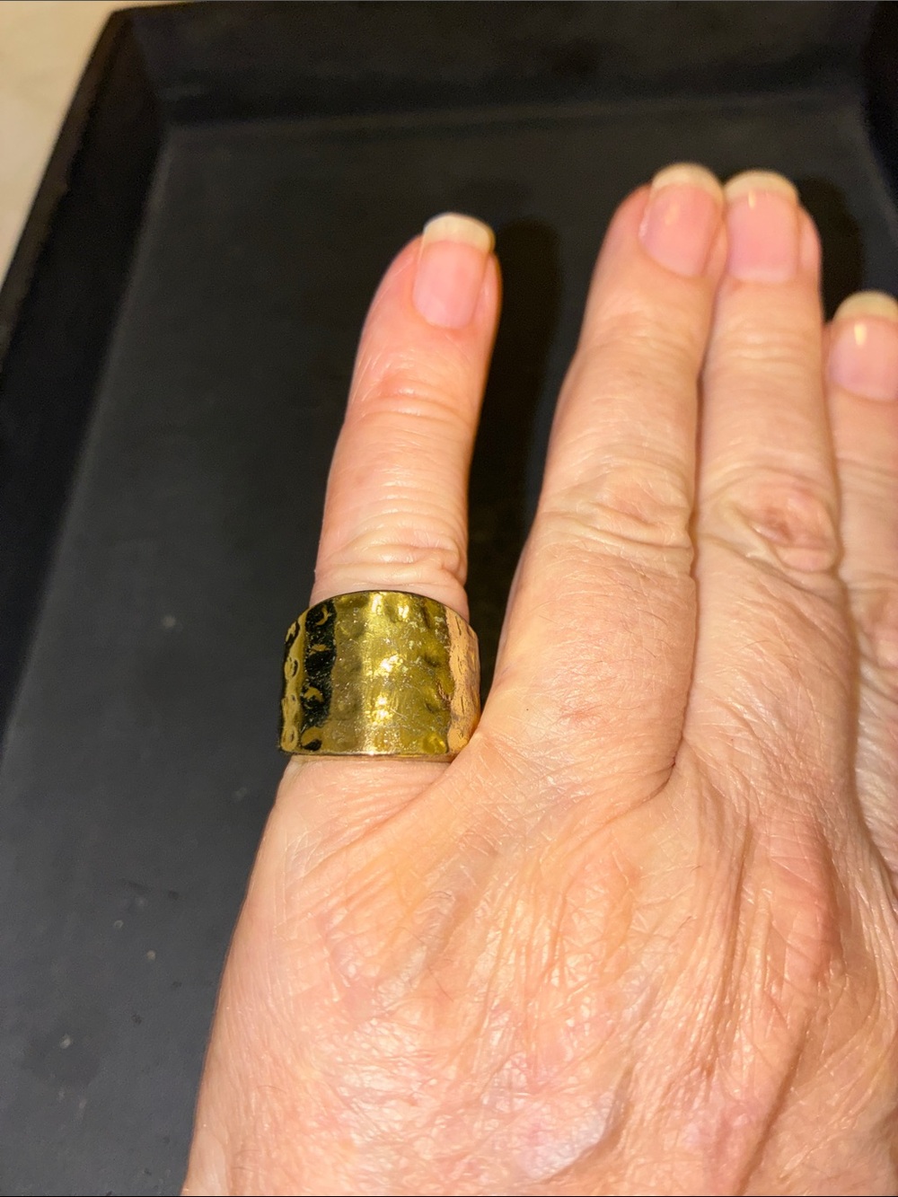 Hammered Gold-Tone Wide Band Stretch Ring